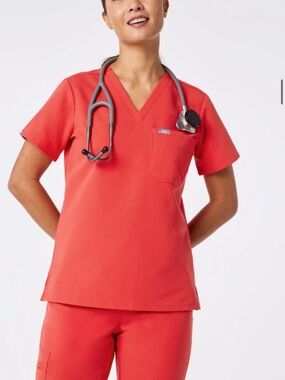 Figs Women’s V-Neck Scrub Top in Coral